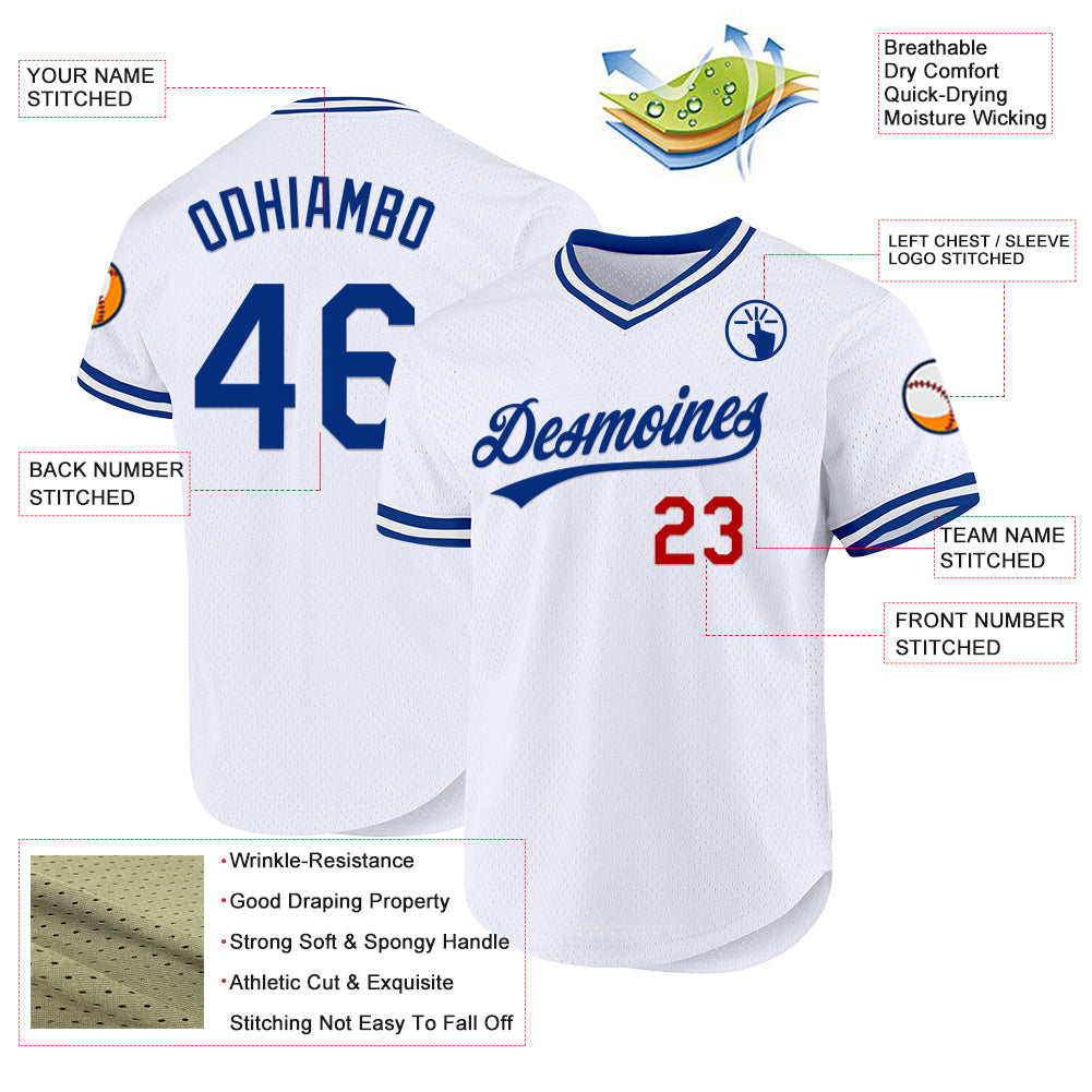 Custom White Royal-Red Authentic Throwback Baseball Jersey view 3