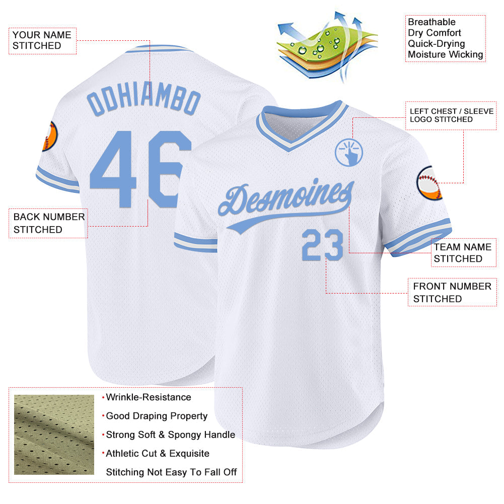 Custom White Light Blue Authentic Throwback Baseball Jersey view 3