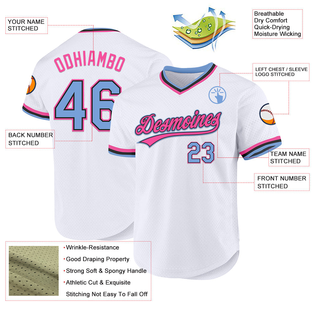 Custom White Light Blue Black-Pink Authentic Throwback Baseball Jersey view 3