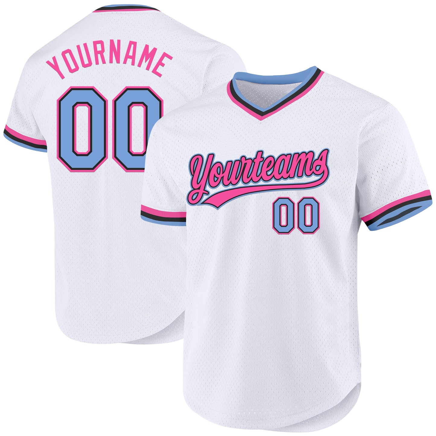 Custom White Light Blue Black-Pink Authentic Throwback Baseball Jersey - Main View