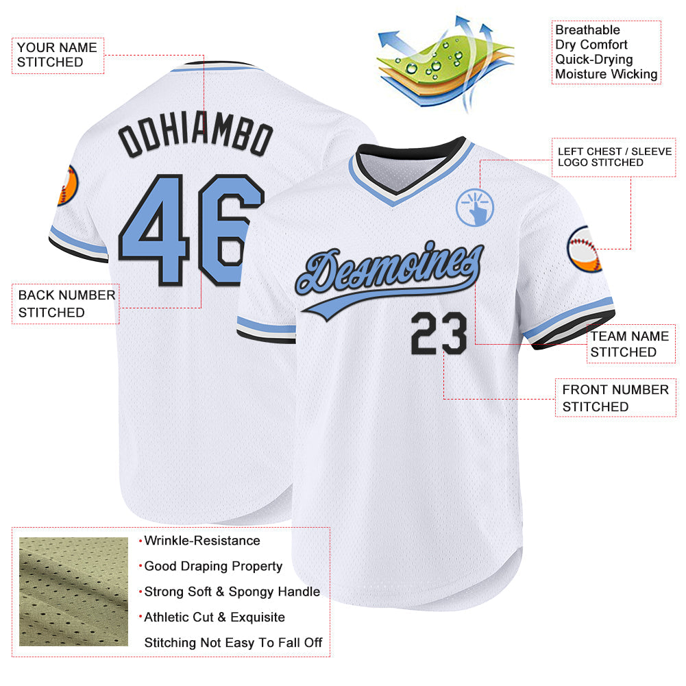 Custom White Light Blue-Black Authentic Throwback Baseball Jersey view 3
