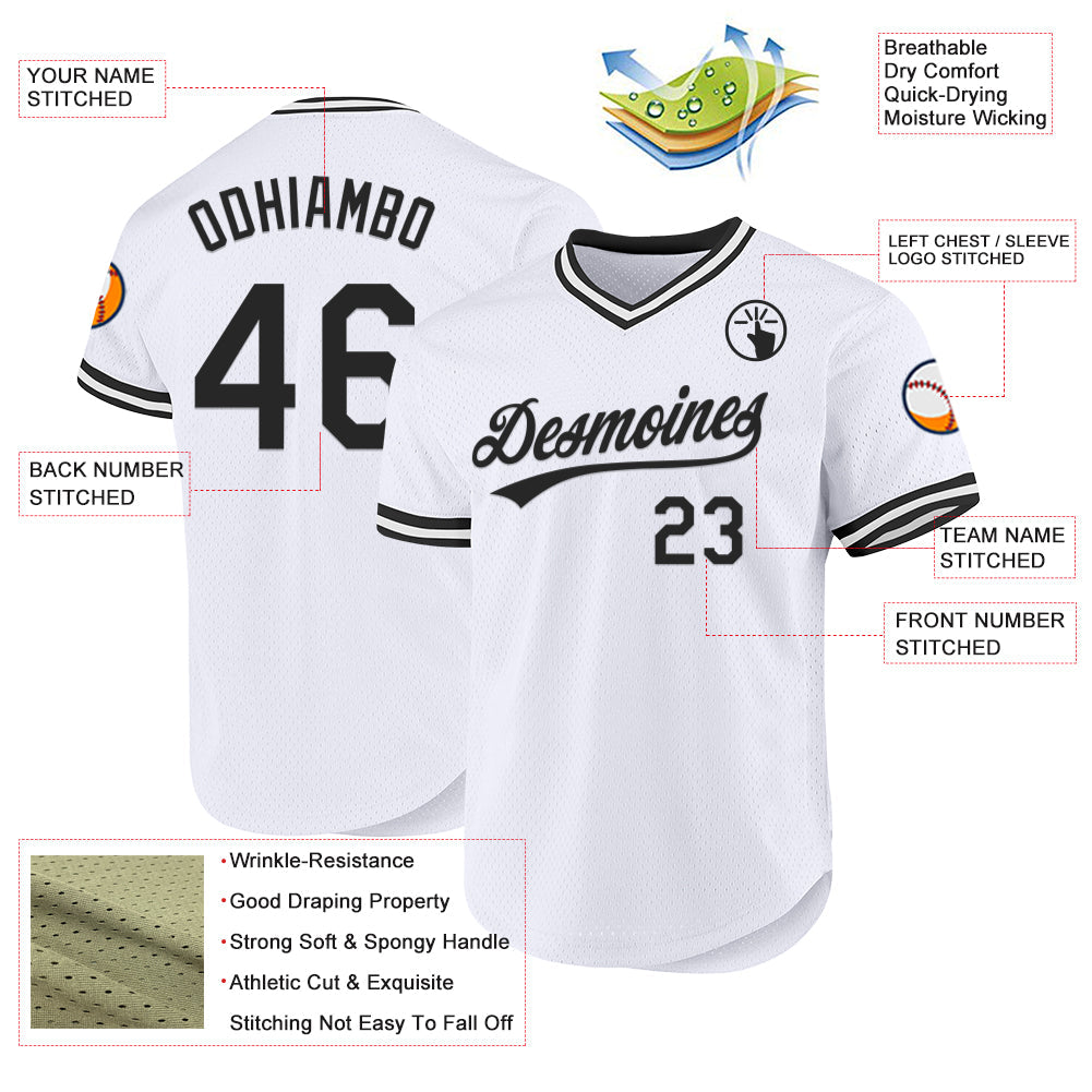 Custom White Black Authentic Throwback Baseball Jersey view 3