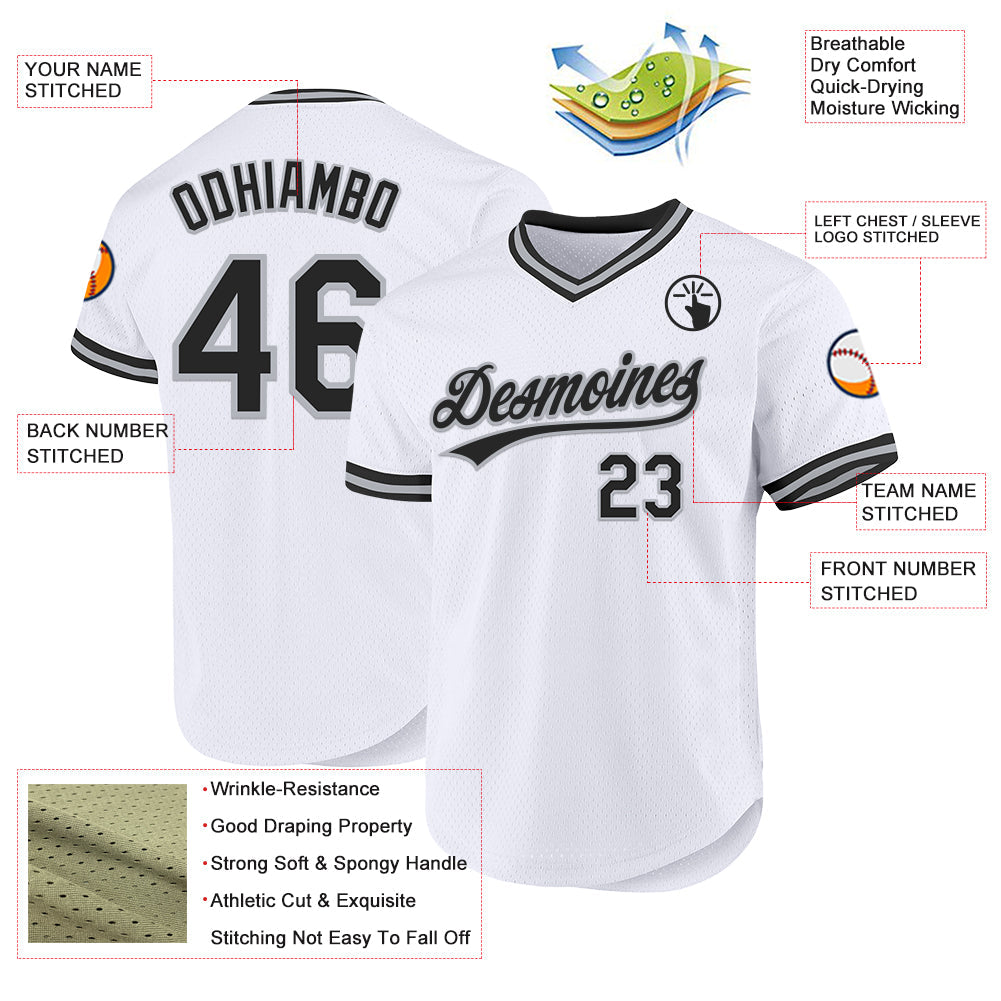 Custom White Black-Gray Authentic Throwback Baseball Jersey view 3