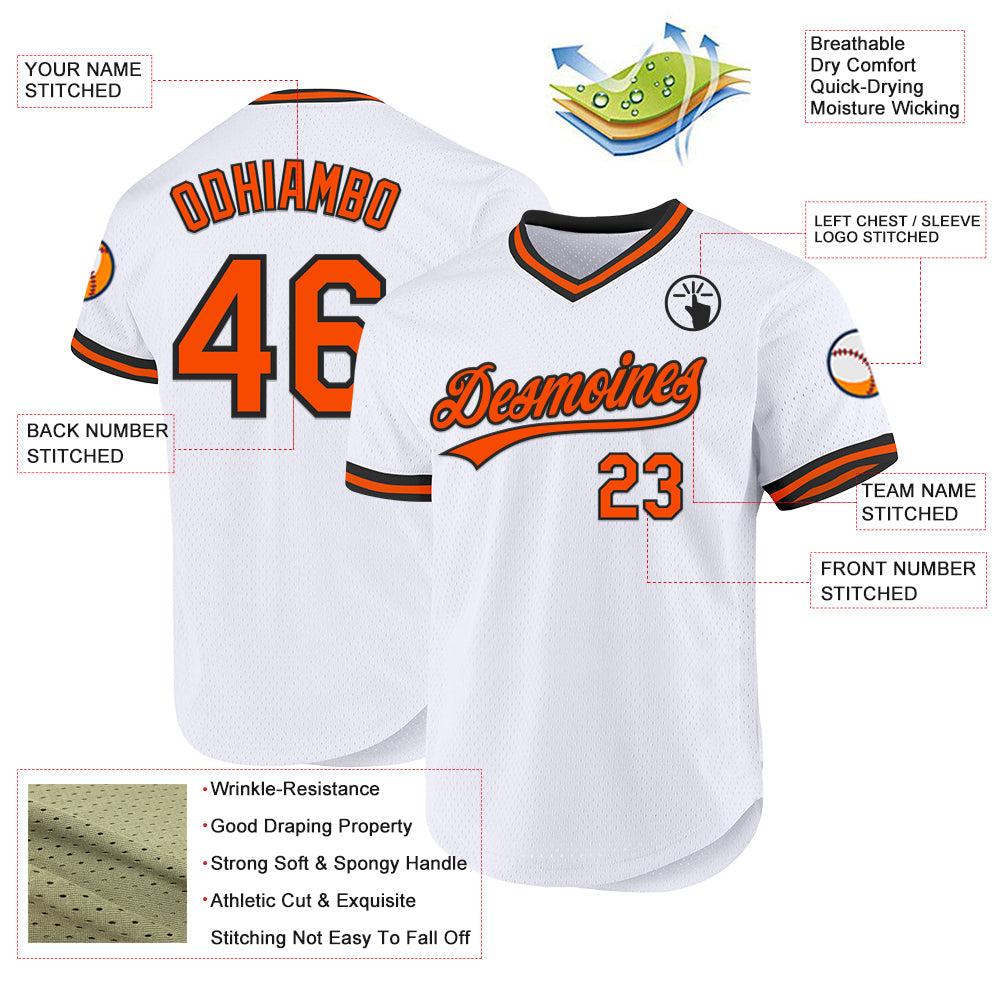 Custom White Orange-Black Authentic Throwback Baseball Jersey view 3