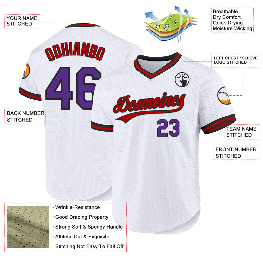 Custom White Purple Black-Red Authentic Throwback Baseball Jersey view 3