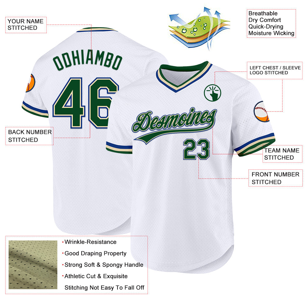 Custom White Green Cream-Royal Authentic Throwback Baseball Jersey view 3
