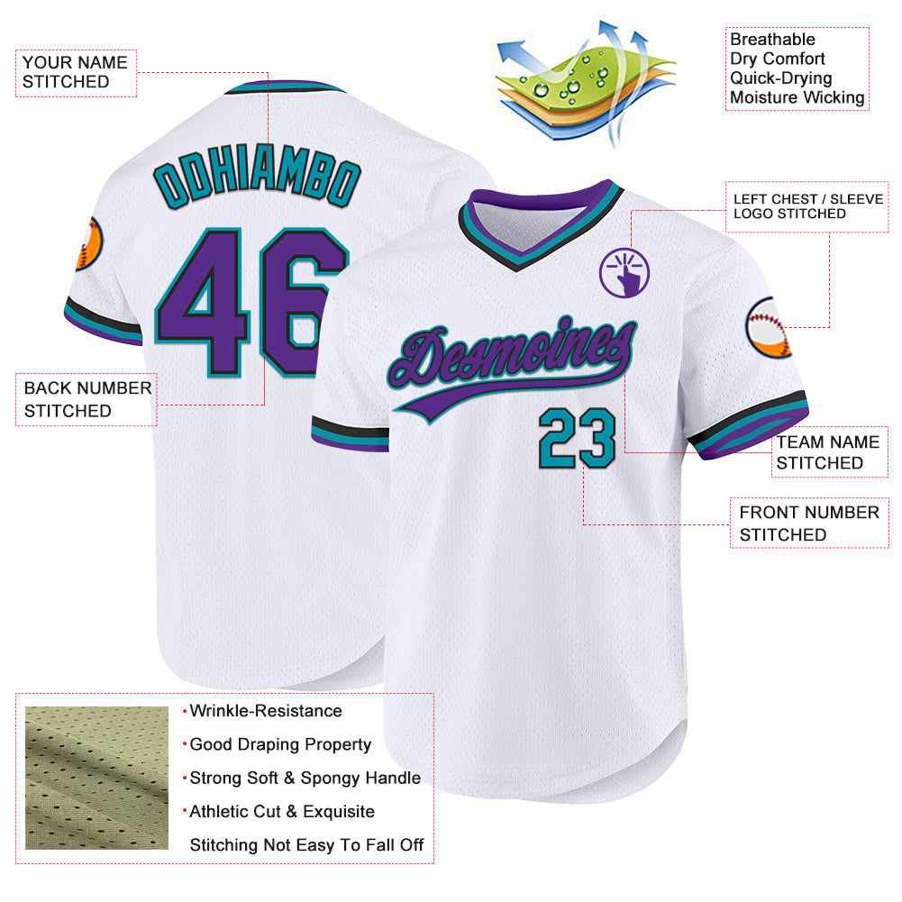 Custom White Purple Black-Teal Authentic Throwback Baseball Jersey view 3