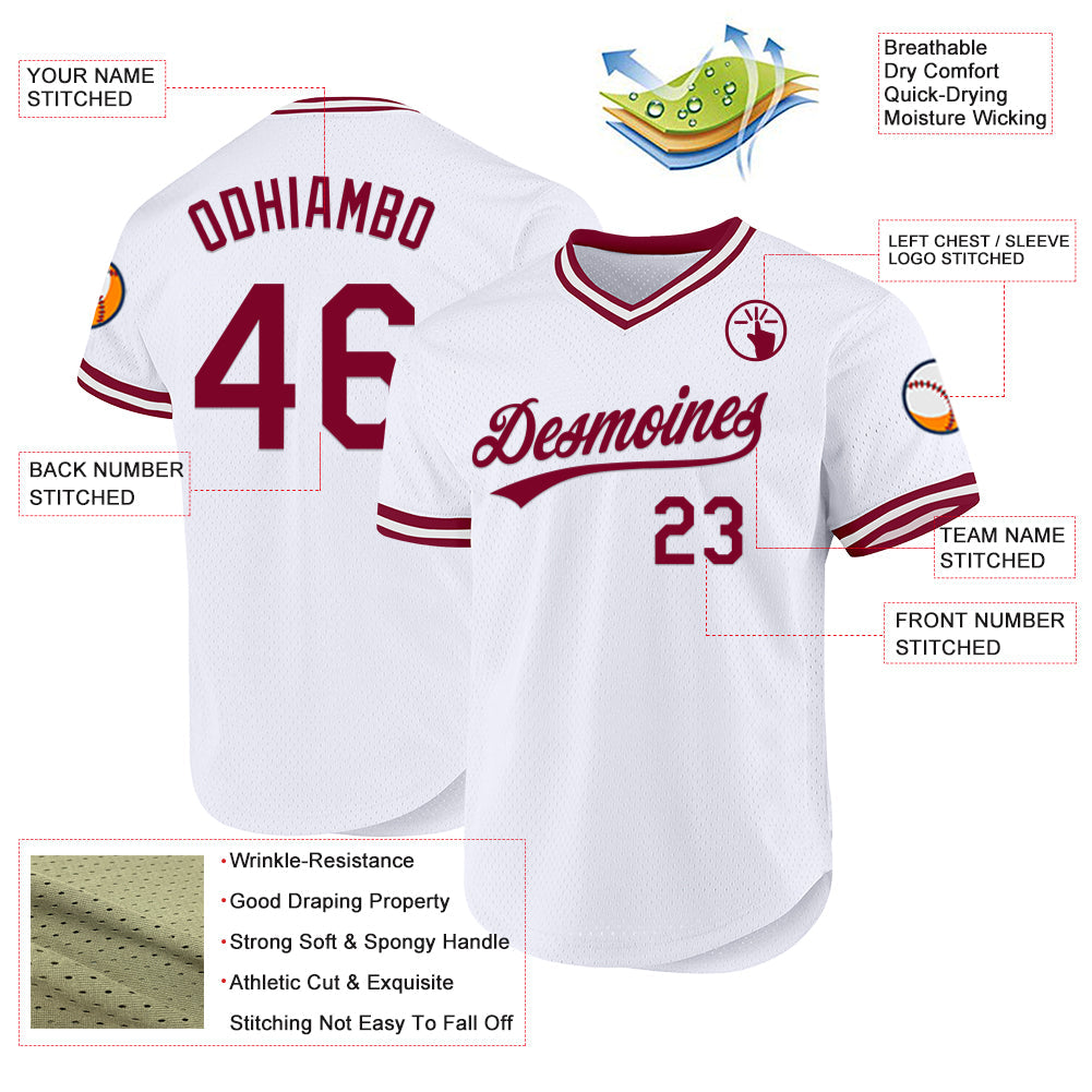 Custom White Maroon Authentic Throwback Baseball Jersey view 3