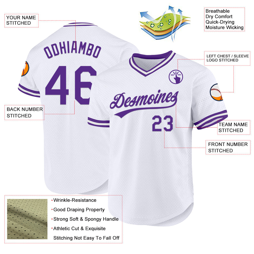 Custom White Purple Authentic Throwback Baseball Jersey view 3