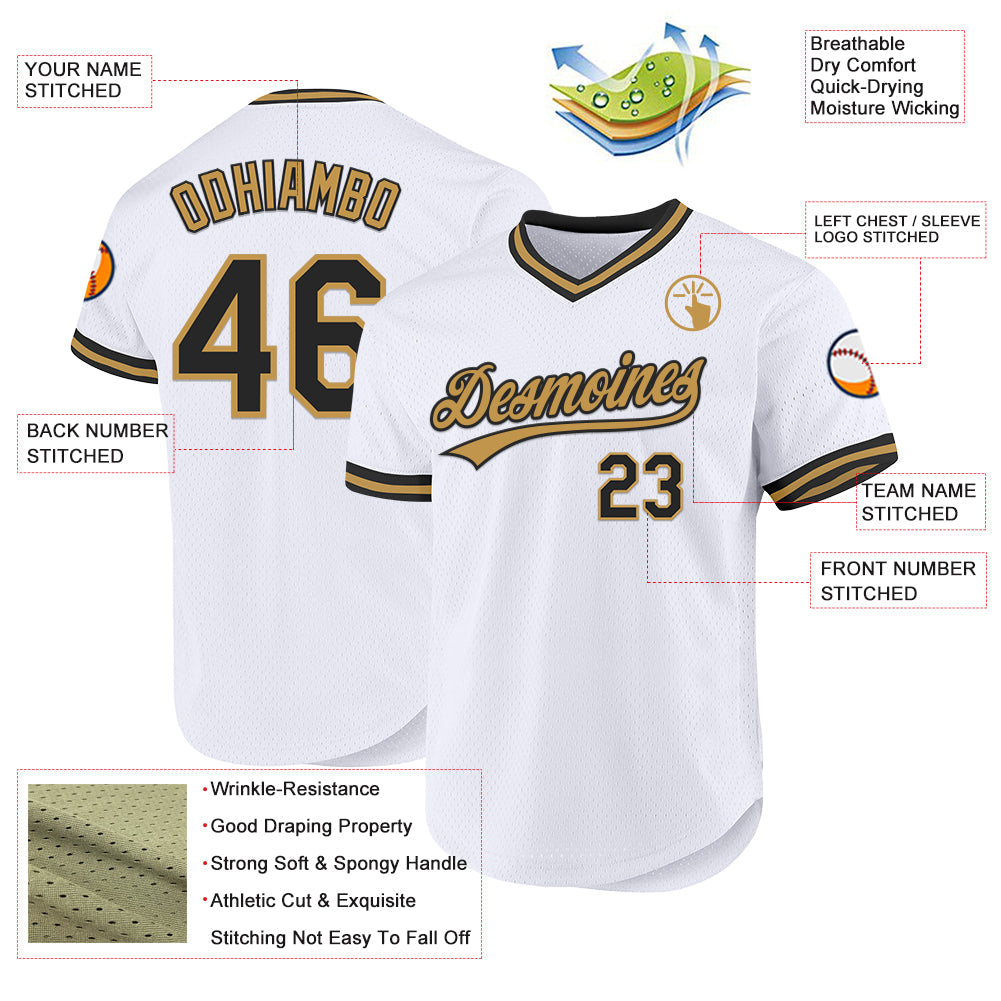 Custom White Black-Old Gold Authentic Throwback Baseball Jersey view 3