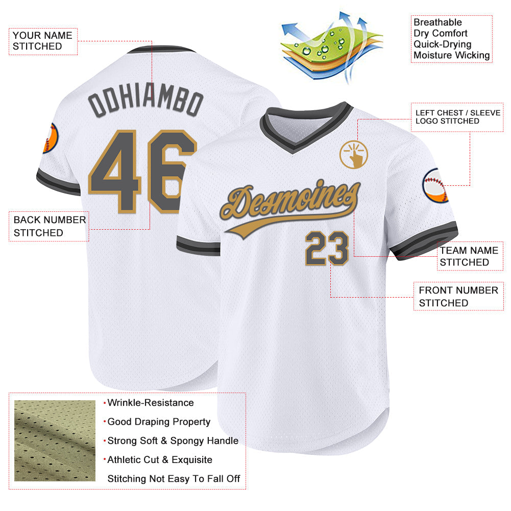 Custom White Steel Gray Old Gold-Black Authentic Throwback Baseball Jersey view 3