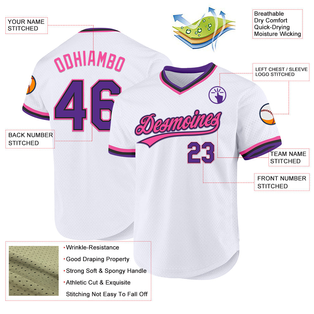 Custom White Purple Black-Pink Authentic Throwback Baseball Jersey view 3