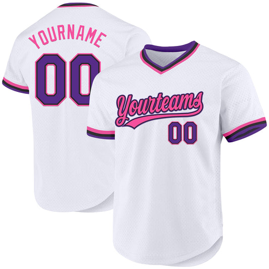 Custom White Purple Black-Pink Authentic Throwback Baseball Jersey - Main View