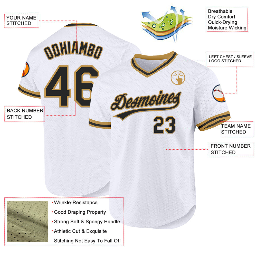 Custom White Black-Old Gold Authentic Throwback Baseball Jersey view 3