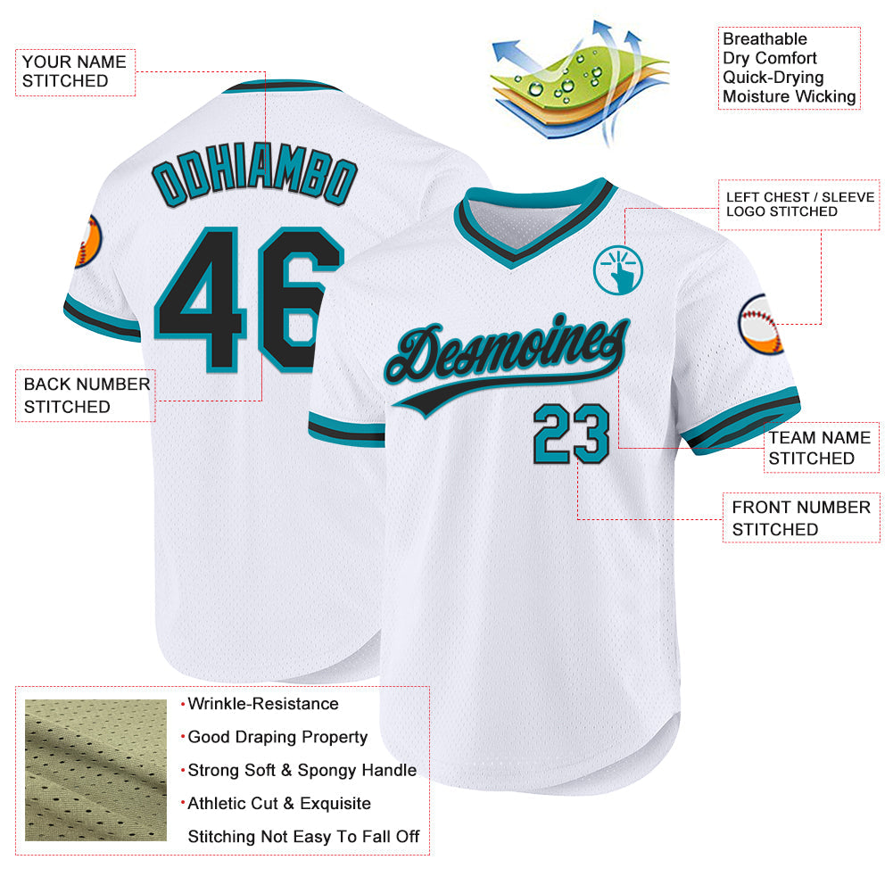 Custom White Black-Teal Authentic Throwback Baseball Jersey view 3