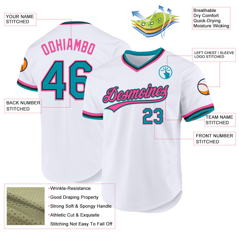 Custom White Teal Black-Pink Authentic Throwback Baseball Jersey view 3