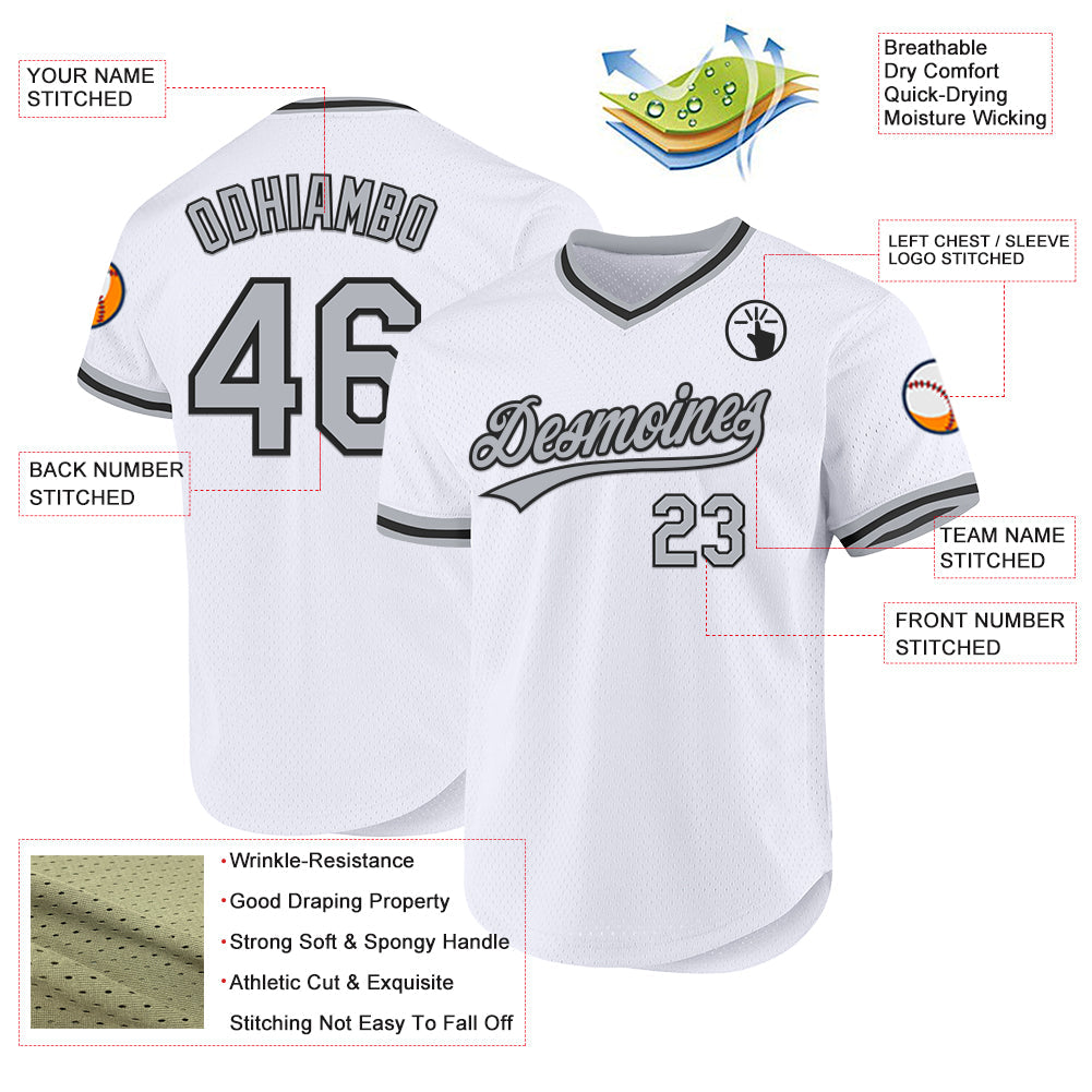 Custom White Gray-Black Authentic Throwback Baseball Jersey view 3