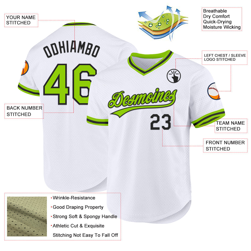 Custom White Neon Green-Black Authentic Throwback Baseball Jersey view 3