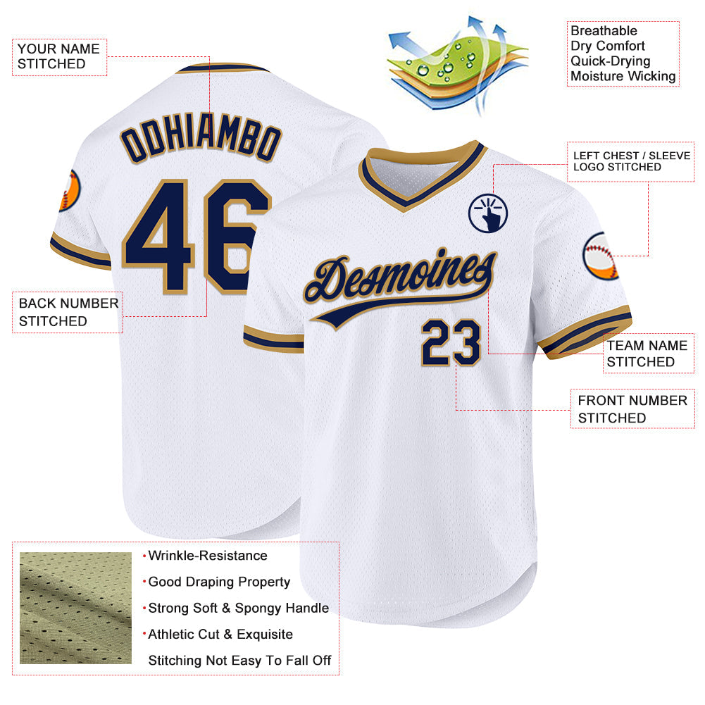 Custom White Navy-Old Gold Authentic Throwback Baseball Jersey view 3