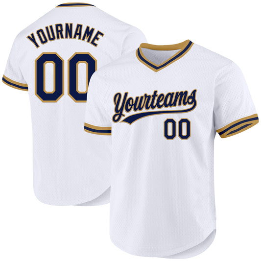 Custom White Navy-Old Gold Authentic Throwback Baseball Jersey - Main View