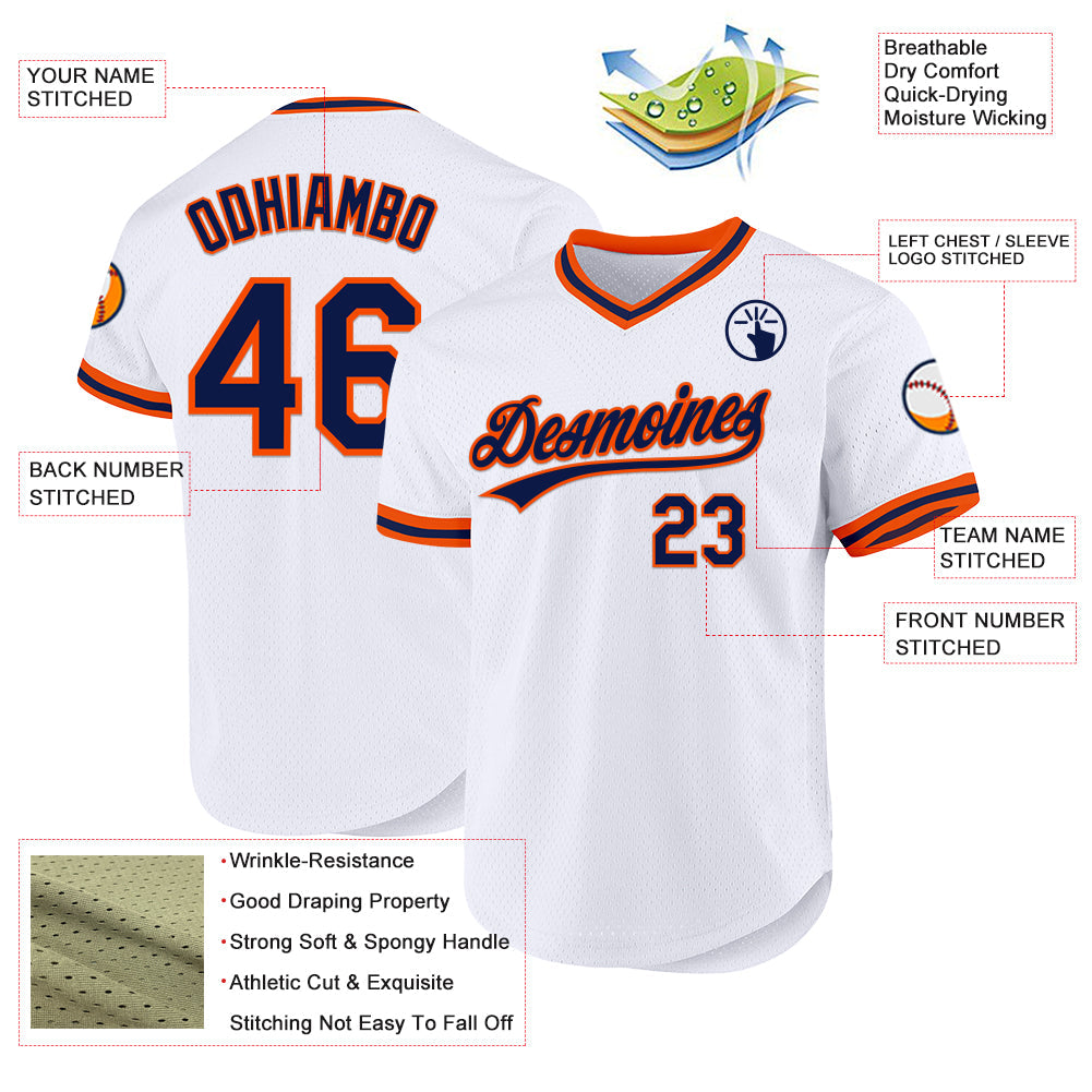 Custom White Navy-Orange Authentic Throwback Baseball Jersey view 3
