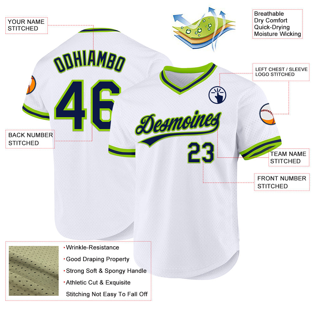 Custom White Navy-Neon Green Authentic Throwback Baseball Jersey view 3