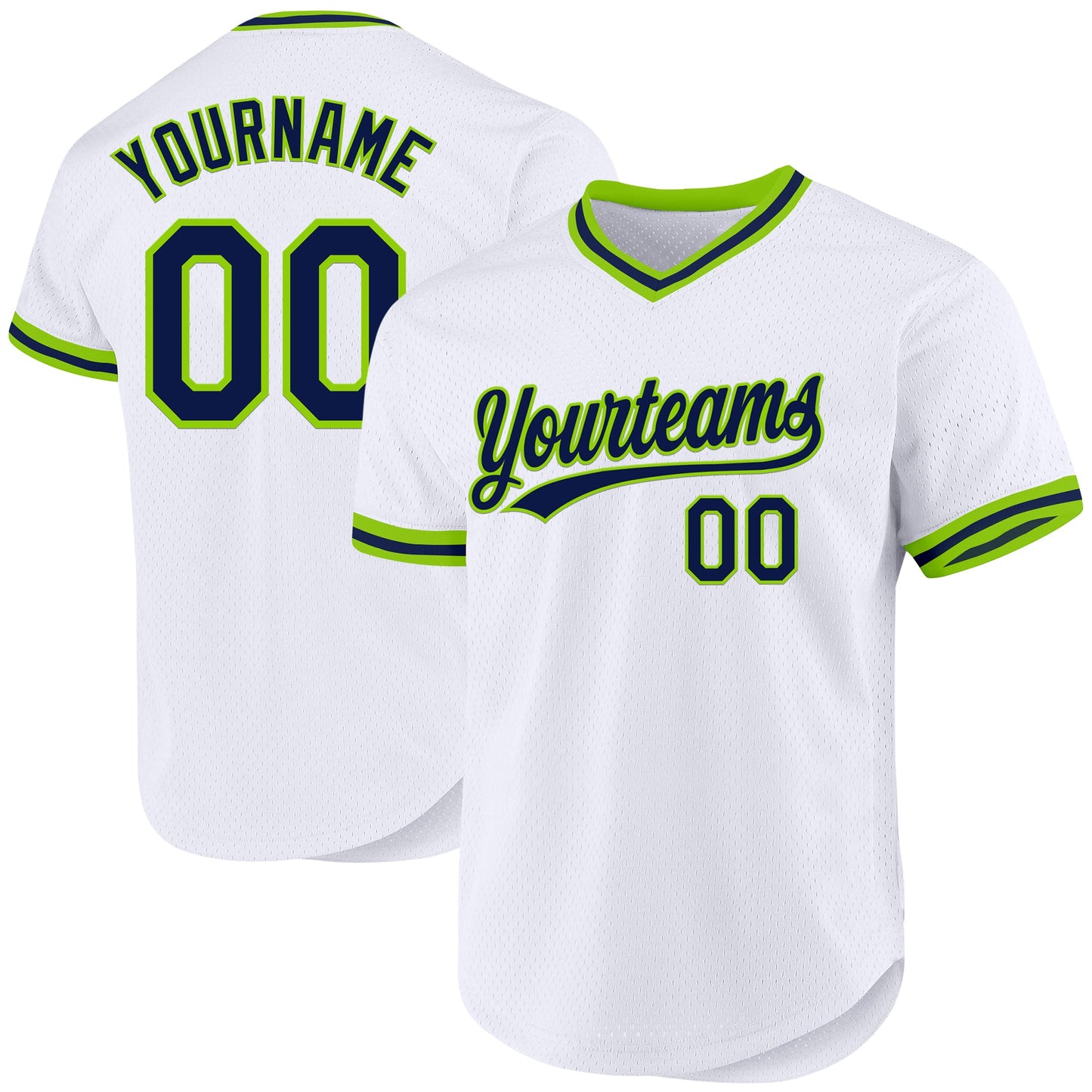 Custom White Navy-Neon Green Authentic Throwback Baseball Jersey - Main View