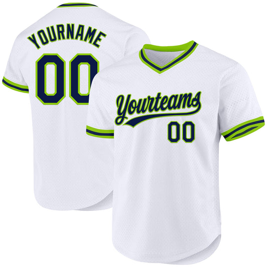 Custom White Navy-Neon Green Authentic Throwback Baseball Jersey - Main View