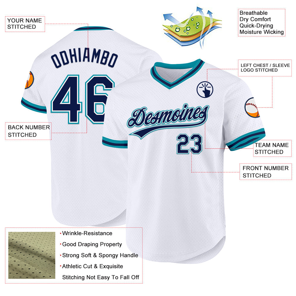 Custom White Navy-Teal Authentic Throwback Baseball Jersey view 3