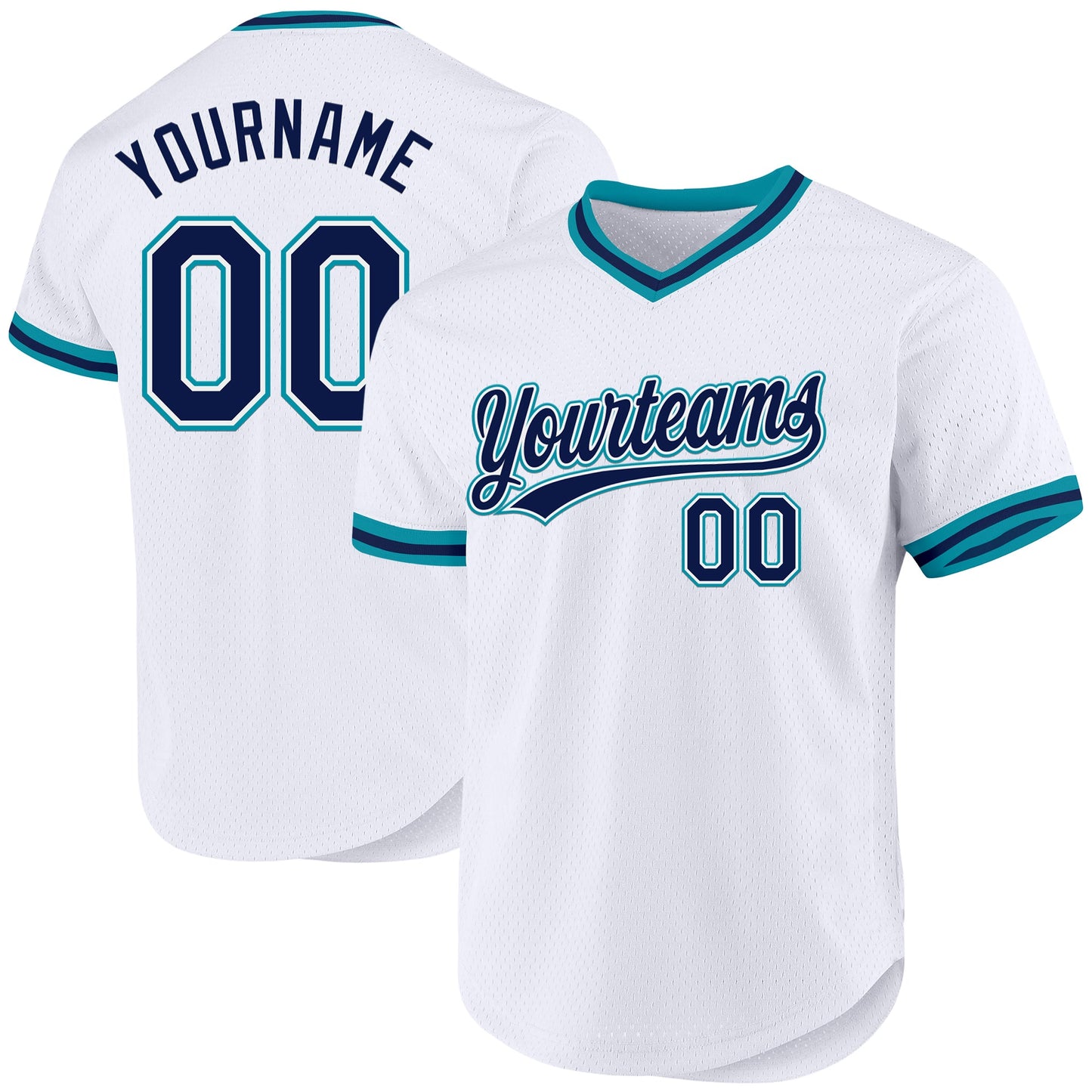 Custom White Navy-Teal Authentic Throwback Baseball Jersey - Main View