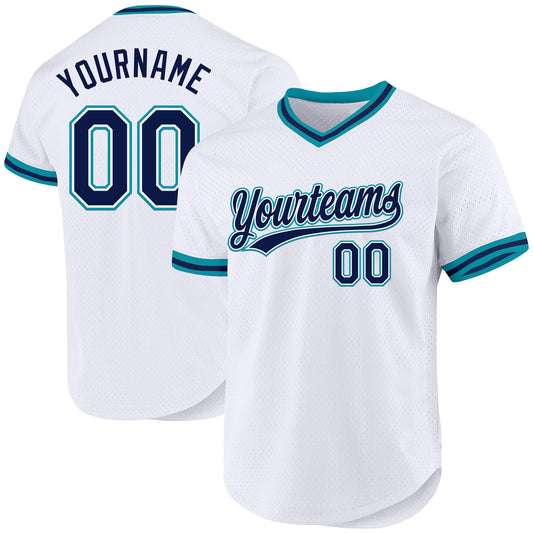 Custom White Navy-Teal Authentic Throwback Baseball Jersey - Main View