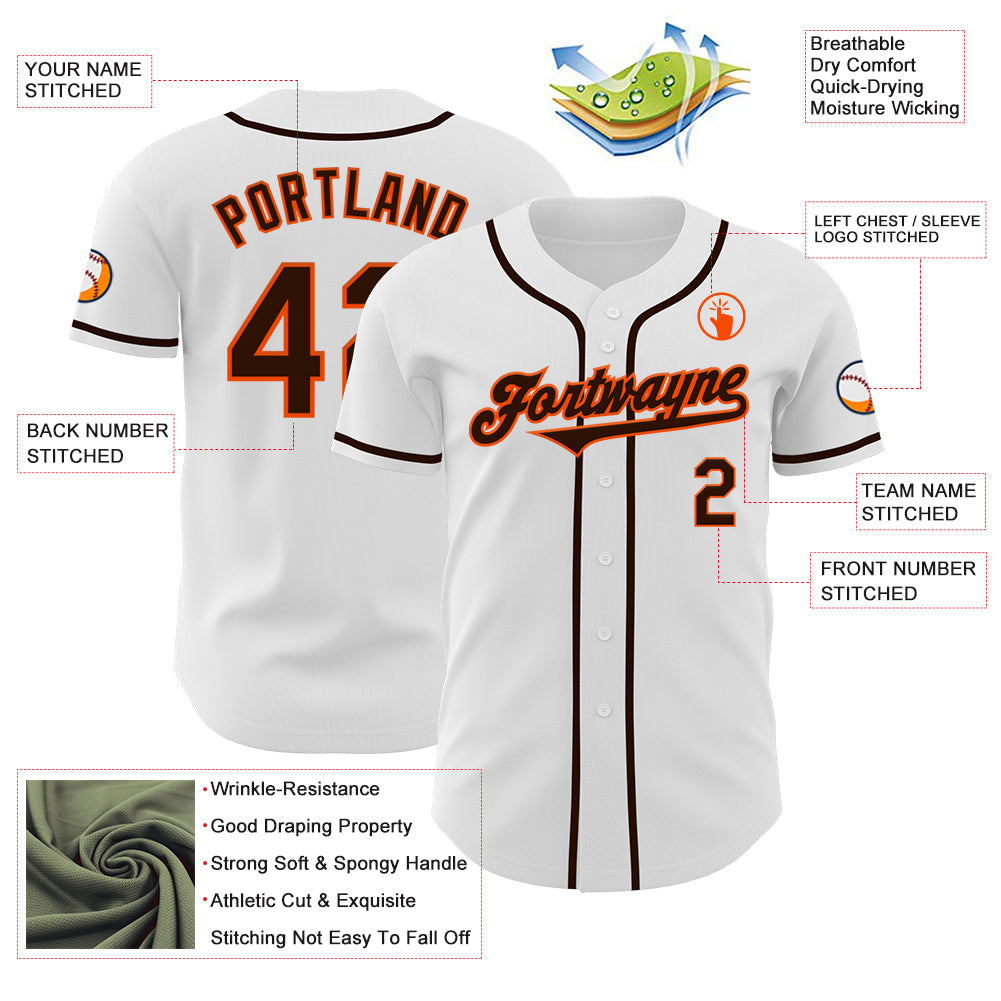 Custom White Brown-Orange Authentic Baseball Jersey view 3
