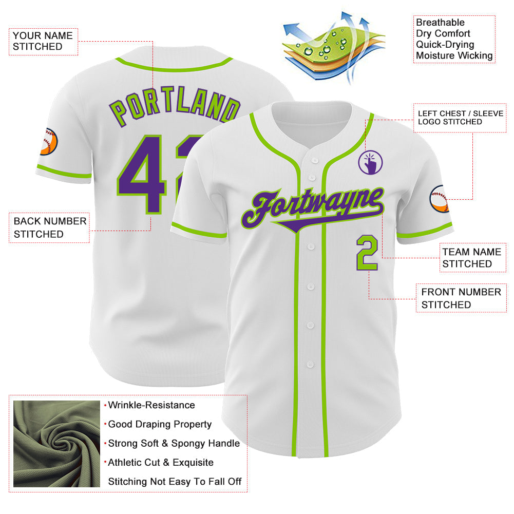 Custom White Purple-Neon Green Authentic Baseball Jersey view 3