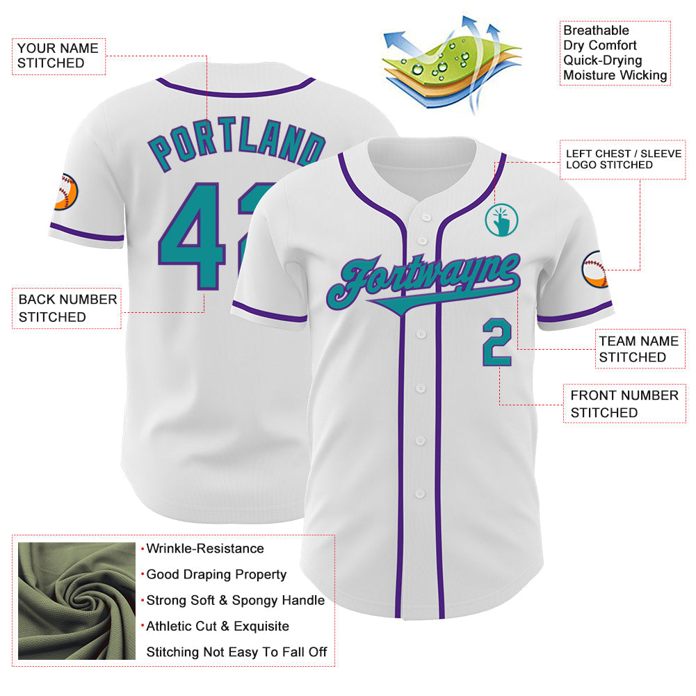 Custom White Teal-Purple Authentic Baseball Jersey view 3