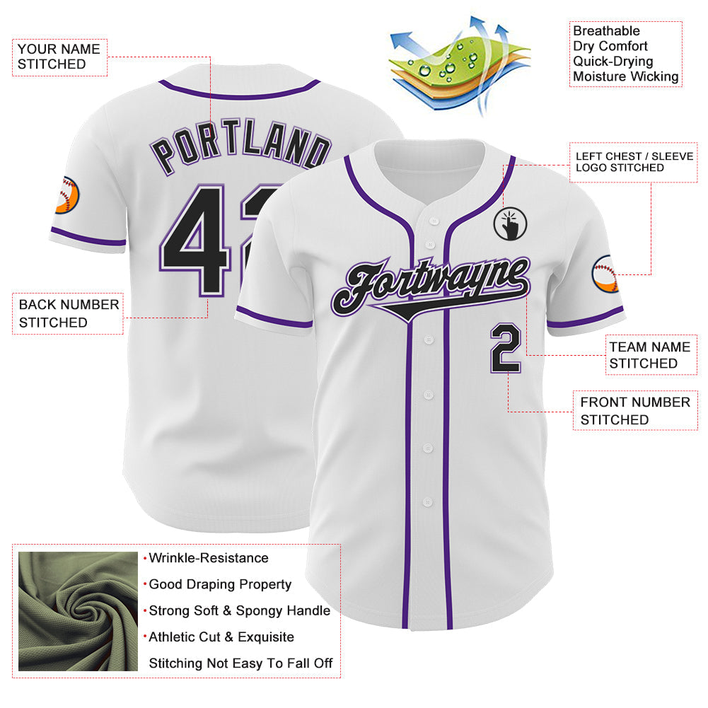 Custom White Black-Purple Authentic Baseball Jersey view 3