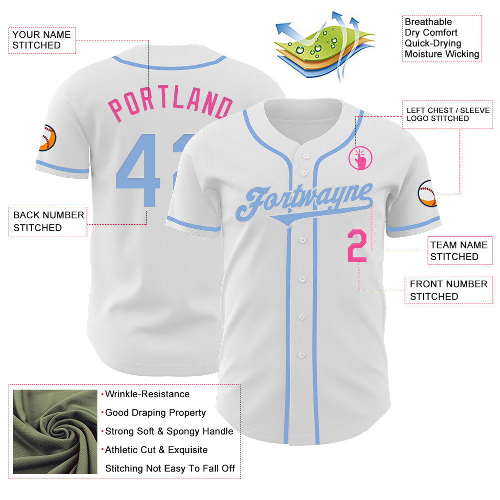 Custom White Light Blue-Pink Authentic Baseball Jersey view 3