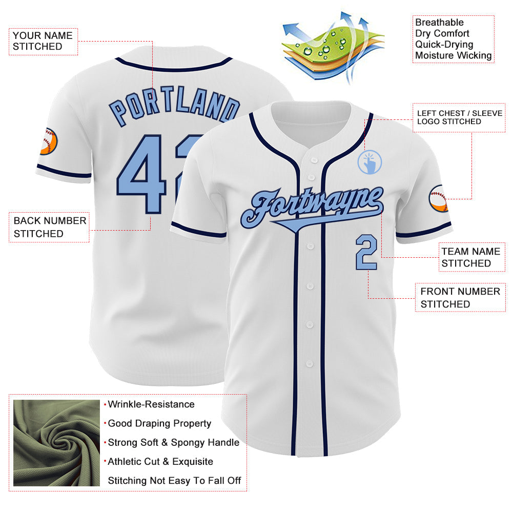 Custom White Light Blue-Navy Authentic Baseball Jersey view 3