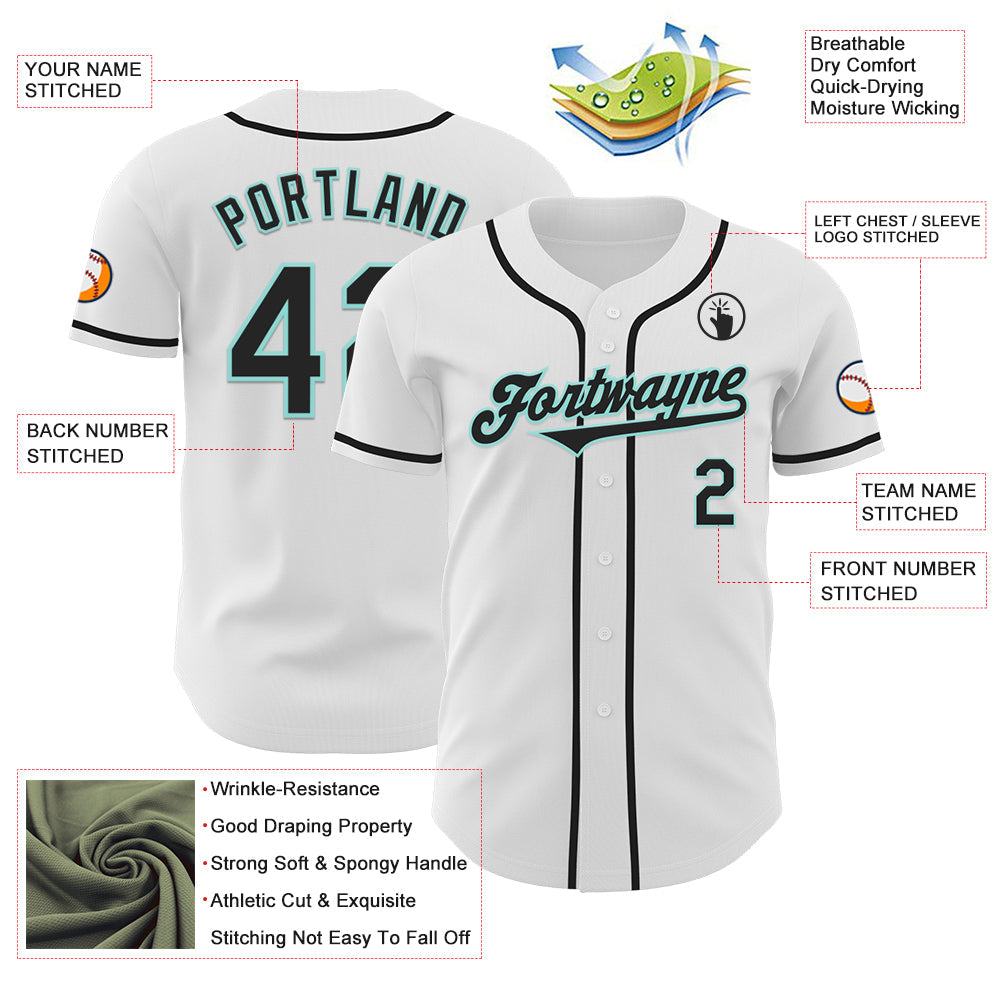 Custom White Black-Ice Blue Authentic Baseball Jersey view 3