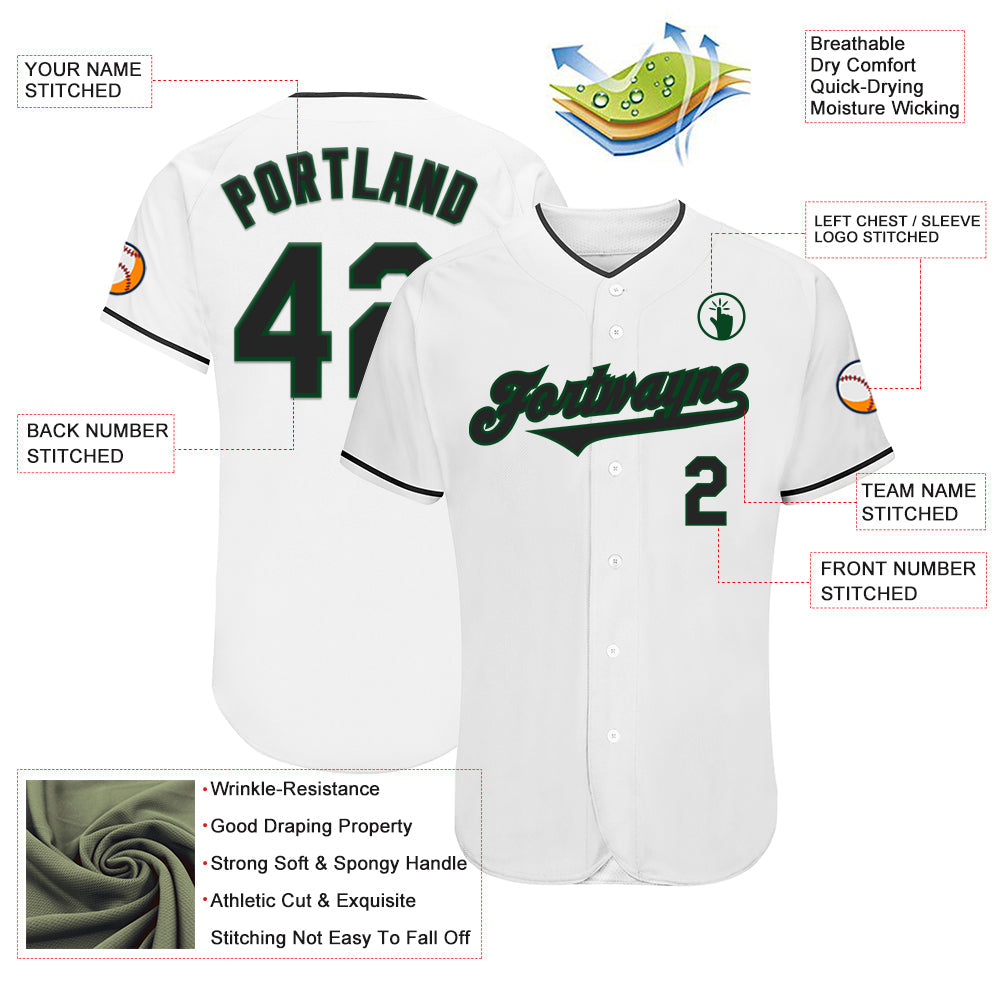Custom White Black-Green Authentic Baseball Jersey view 3