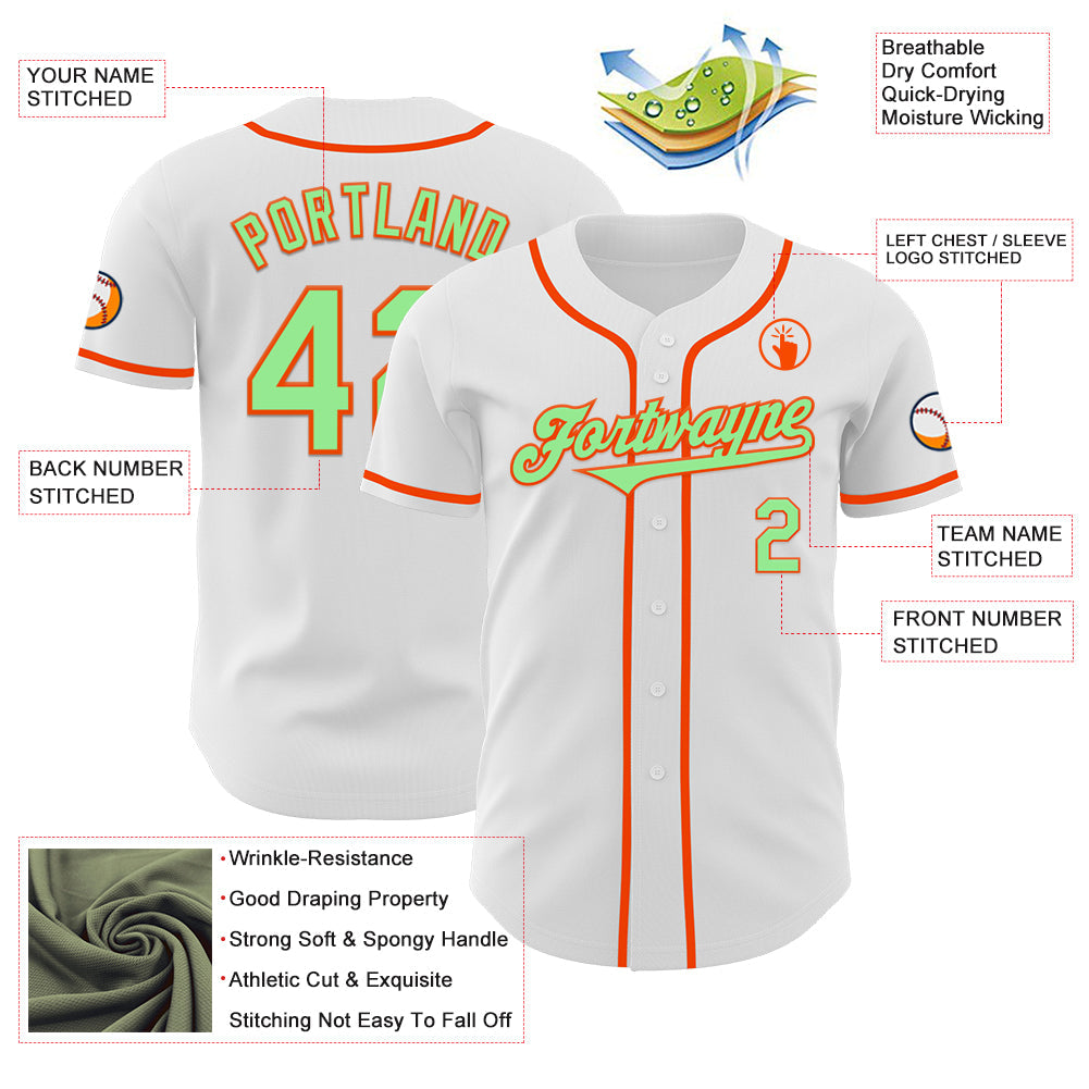 Custom White Pea Green-Orange Authentic Baseball Jersey view 3