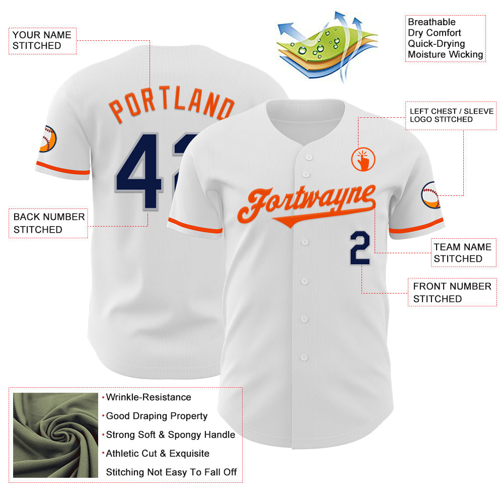Custom White Navy Gray-Orange Authentic Baseball Jersey view 3