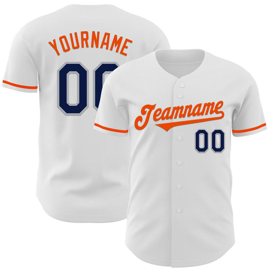Custom White Navy Gray-Orange Authentic Baseball Jersey - Main View