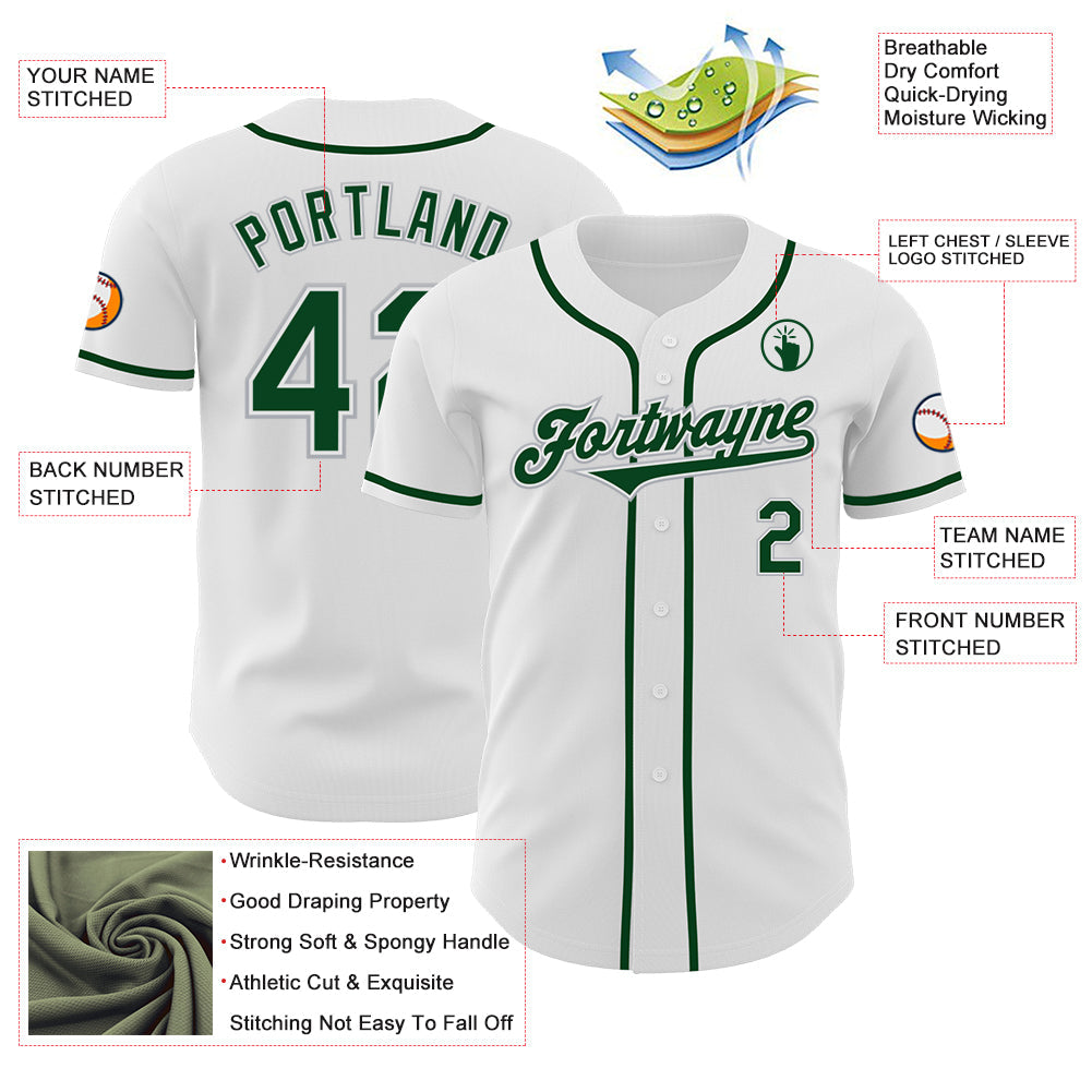 Custom White Green-Gray Authentic Baseball Jersey view 3
