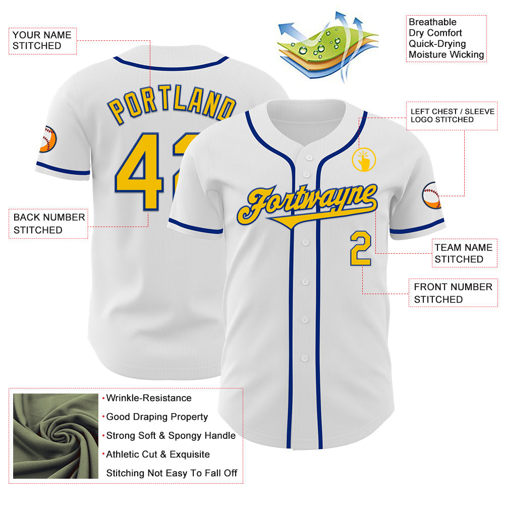 Custom White Yellow-Royal Authentic Baseball Jersey view 3