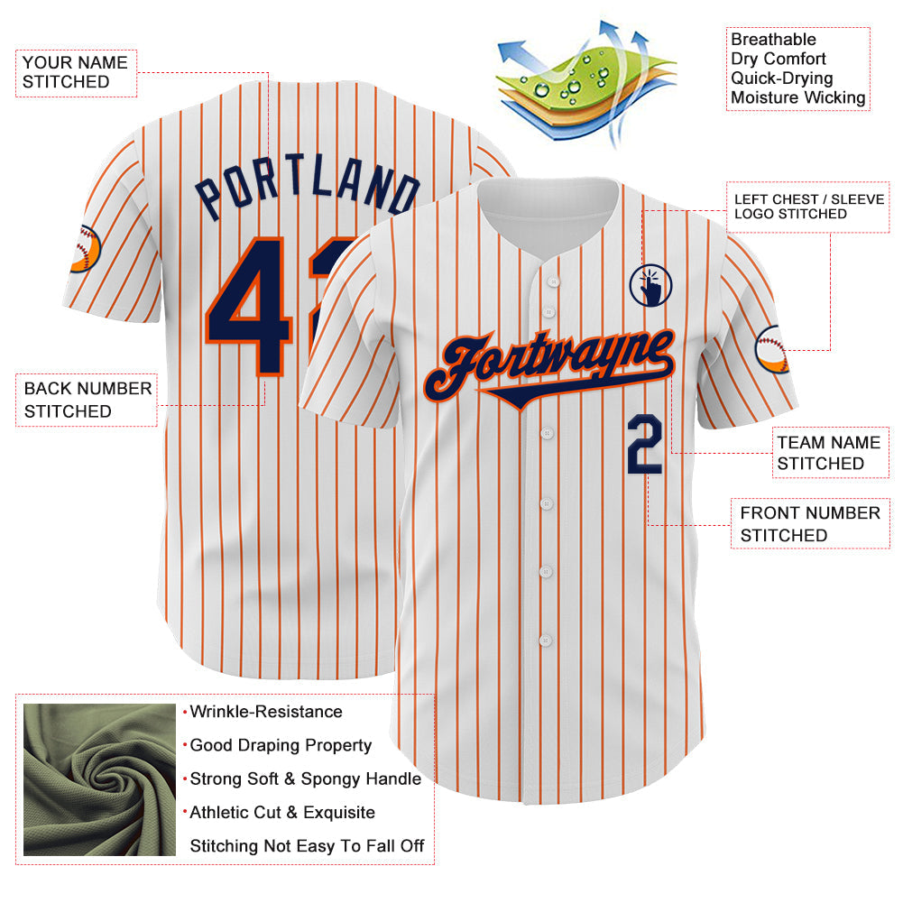 Custom White Orange Pinstripe Navy Authentic Baseball Jersey view 3
