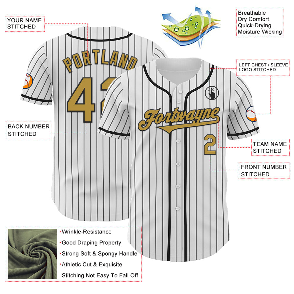 Custom White Black Pinstripe Old Gold Authentic Baseball Jersey view 3