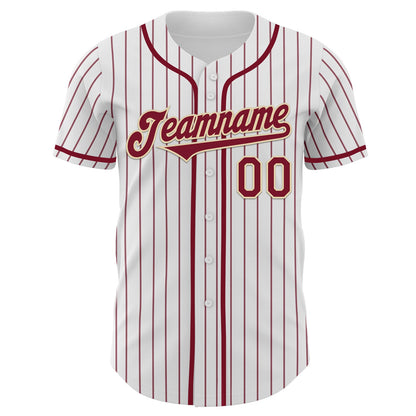 Custom White Crimson Pinstripe Cream Authentic Baseball Jersey view 2
