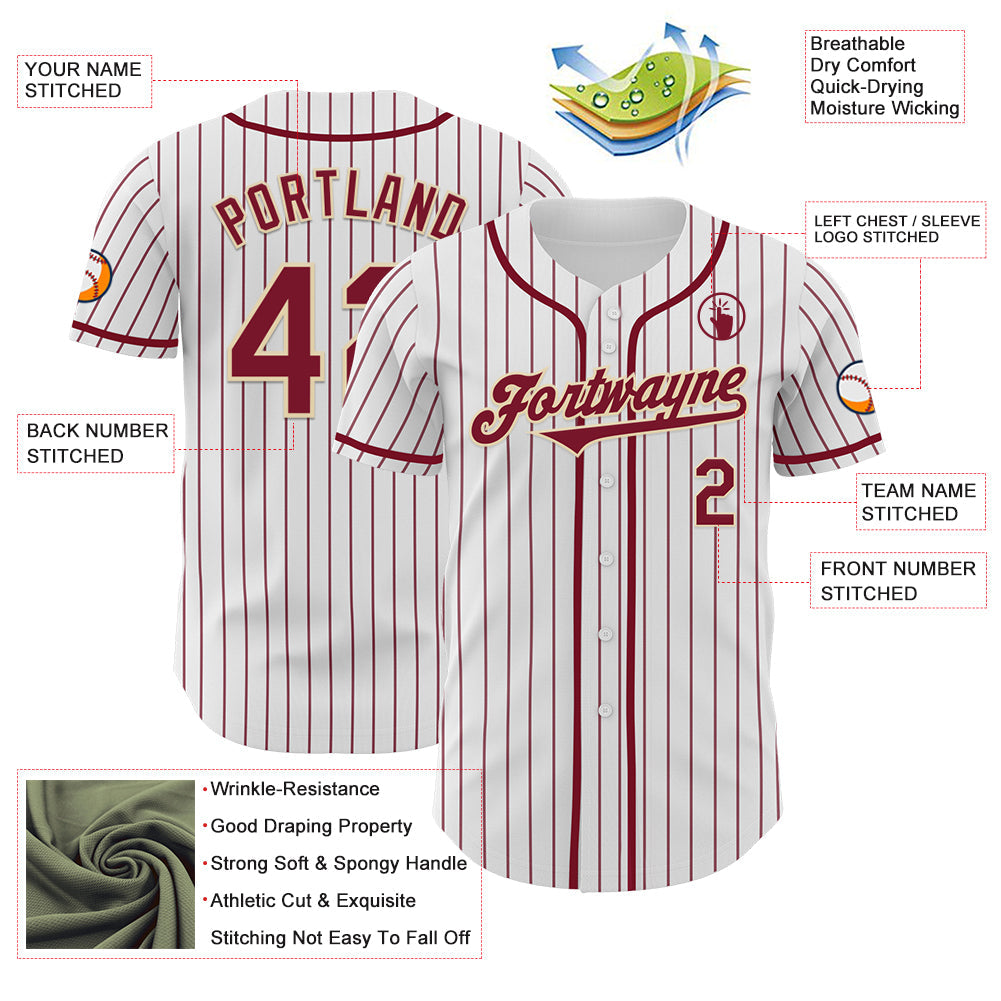 Custom White Crimson Pinstripe Cream Authentic Baseball Jersey view 3