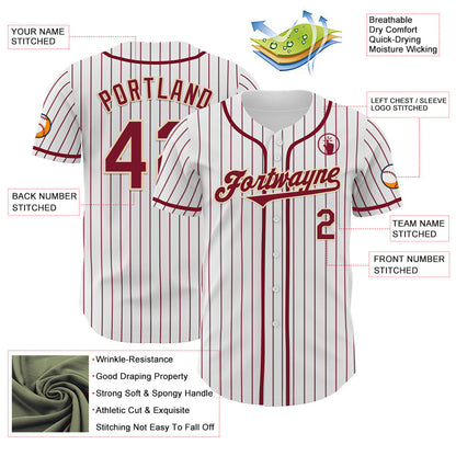 Custom White Crimson Pinstripe Cream Authentic Baseball Jersey view 3