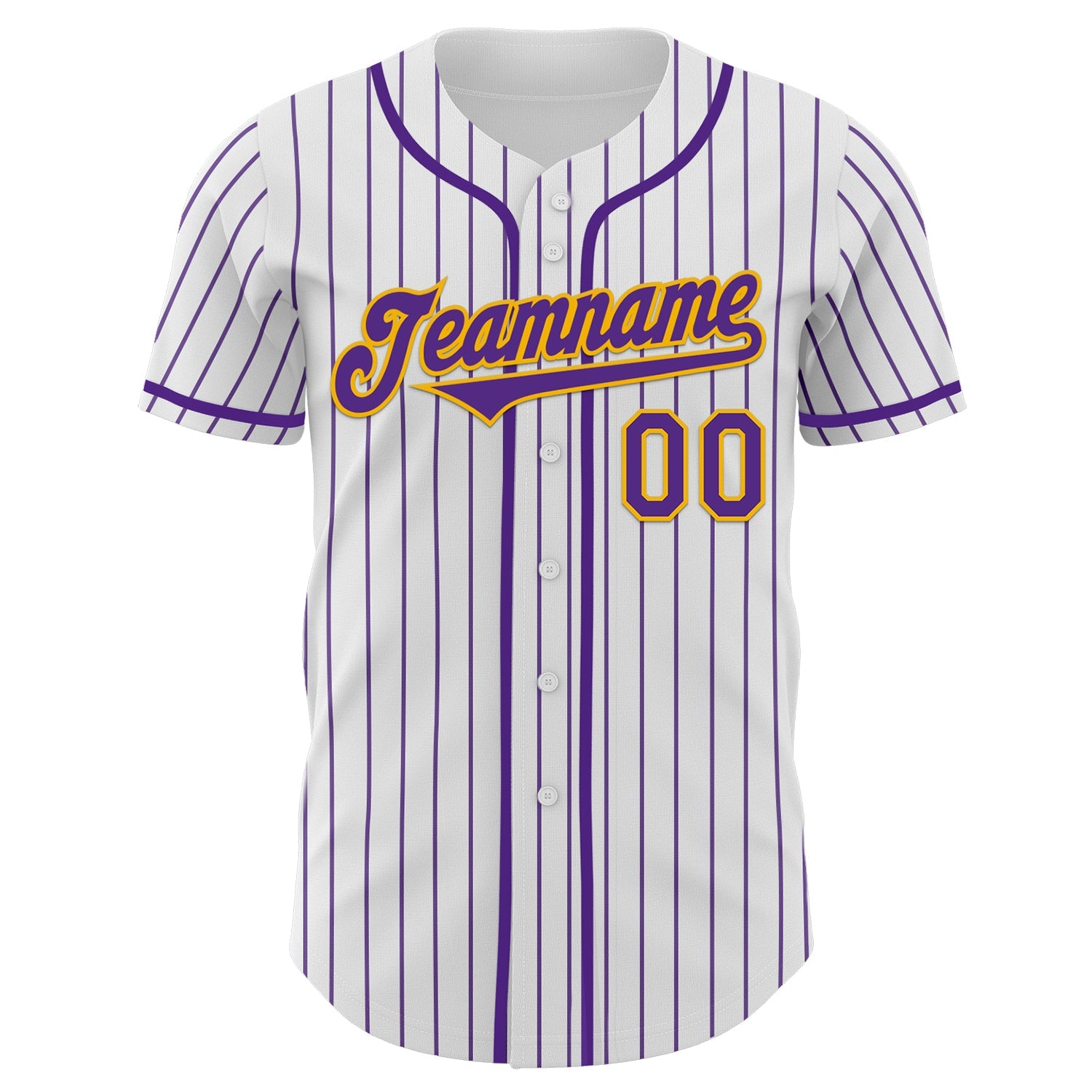 Custom White Purple Pinstripe Gold Authentic Baseball Jersey view 2